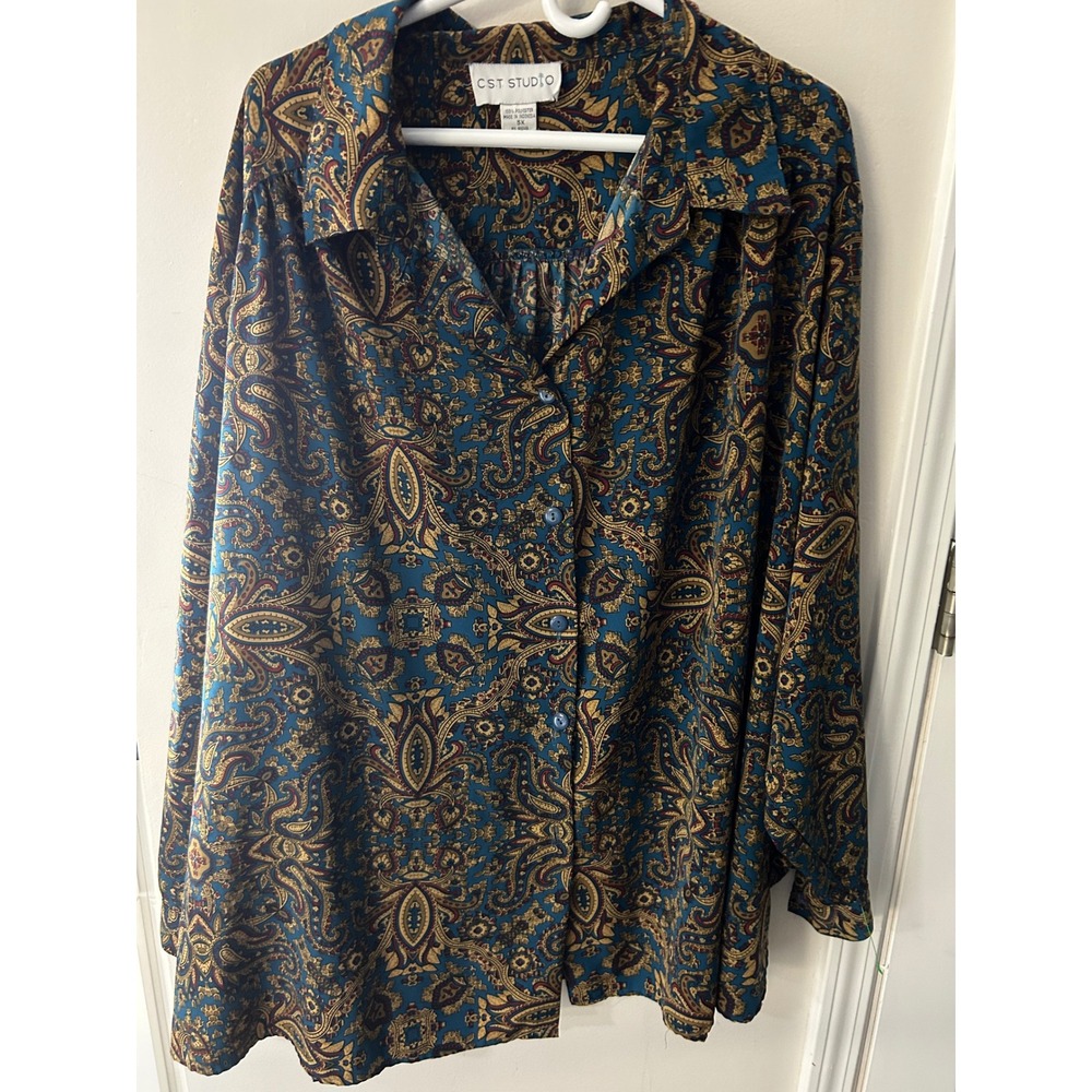 CST Studio Womens 5X Paisley Button Up Blouse Teal Blue Boho Long Sleeve Shirt